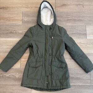 Y2K American Eagle Women’s Med Green Parka Jacket Winter Coat Sherpa Lined EUC